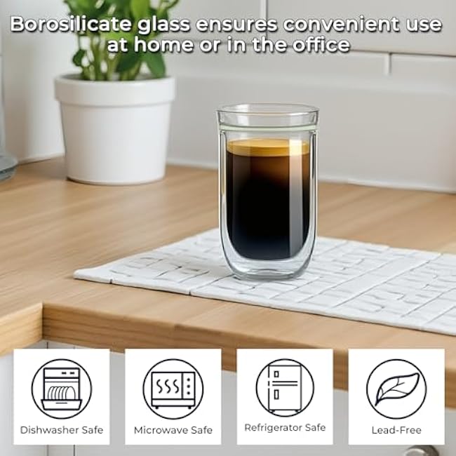 Aquach 12 Oz Double Walled Glass Coffee Mugs, Clear Glass Tea Cups, Microwave and Dishwasher Safe Home Office Insulated Cups Perfect for Americano Latte Hot&Cold Beverages, 2-Pack