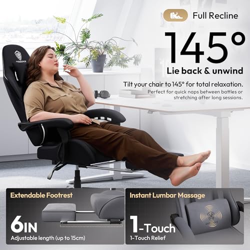 Image of Dowinx Gaming Chair Fabric Big and Tall with Pocket Spring Cushion, Massage Game Chair Cloth with Headrest, Ergonomic Computer Chair with Footrest 350LBS, Black White