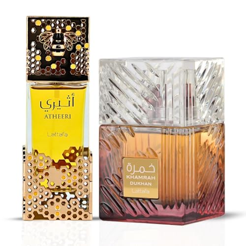 LATTAFA Khamrah Dukhan & Atheeri Eau De Parfum Sprays 100ML (3.4 OZ) – Long Lasting Arabian Perfumes for Women – A Bold Fusion of Fiery Spices & Floral Allure – Captivating Ladies Perfume (Bundle)