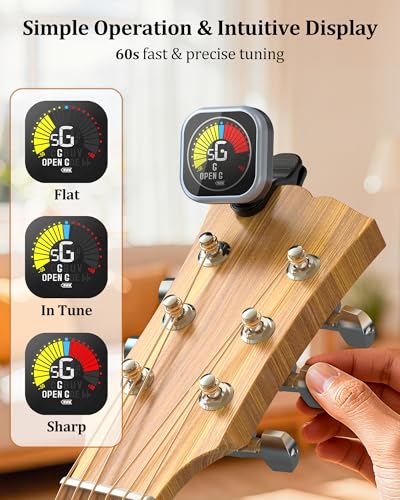 Image of New Bee Guitar Tuner Clip-On Rechargeable with Color Screen 360 Rotatable Acoustic Chromatic Open Tuning for Guitar, Bass, Ukulele, Violin (Grey, 1 Pack)