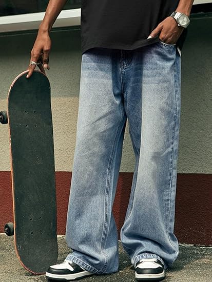 Image of HUNGSON Mens Baggy Jeans for Men Women Y2k Skater Vintage Plain Pants Casual Wide Leg Jeans Loose Fit Denim Jeans