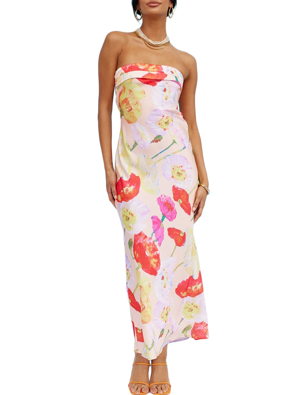 Realtix Satin Silk Backless Tube Tops Maxi Dress for Women Low Back Hollow Out Elegant Strapless Long Dresses Wedding Guest