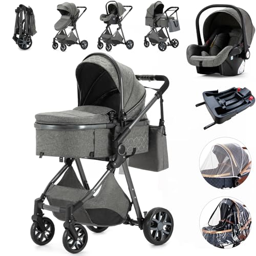 Image of Kakbgee Baby Stroller with Bassinet,Infant Carrier Adjustable Stroller Combo,High Landscape Reversible Newborn Pram,Lightweight & Portable One- Button Folding Aluminum Frame, Deepgrey-DZ
