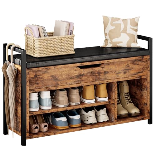 IRONCK Schuhbank mit Sitzfläche, Sitzbank mit Stauraum, Schuhschrank,100x30x62cm, 3 offene Fächer, Kunstleder, 130kg belastbar, Schuhregal für Eingang,Flur,Wohnzimmer,Schlafzimmer (Vintagebraun)