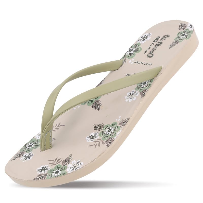 Image of WALKAROO Women's Comfortable Slip-on Sandals|Floral Printed Footbed,V-Strap Upper, Lightweight Flat Sole|Casual wear,home wear,travel &all day comfort Thong Sandals - WLR70011
