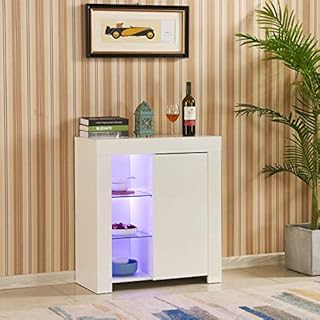 TUKAILAi High Gloss Sideboard with LED Lights and Glass Shelves for Display White Modern Buffet Cupboard Cabinet Storage Unit for Dining Room Living Room Kitchen Office 1 Door Matt Body