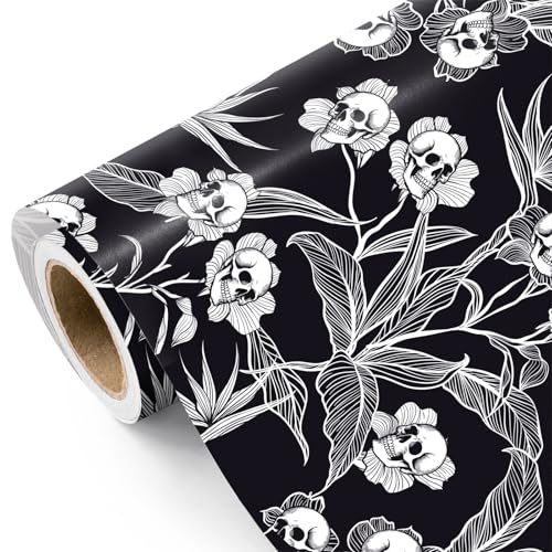 WRAPAHOLIC Gothic Floral Wrapping Paper Roll - Mini Roll - 17 Inch x 16.5 Feet - Black and White Gothic Floral Skull Wrapping Paper for Halloween Wedding Anniversary Birthday