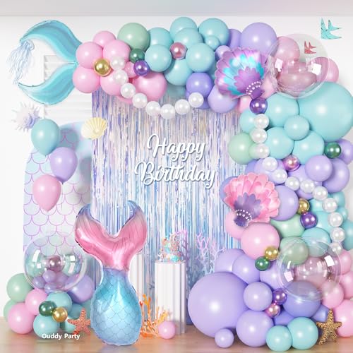 Mermaid Balloon Garland Arch Kit 142Pcs Pastel Pink Teal Blue Purple Green Clear Balloons Mermaid Tail Seashell Foil Balloon Fringe Curtain for Birthday Baby Shower Ocean Themed Summer Party Decor