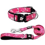 azuza Reflective Dog Collar and Leash Set, Pink Camo Padded Collar with Matching Clip Handle Leash...