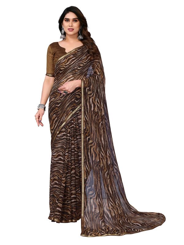 Image of SIRIL Women's Lace & Printed Chiffon Saree with Unstitched Blouse Piece