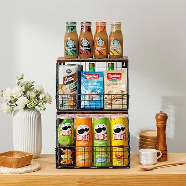 Kitchen Storage Baskets Fruit and Vegetable Baskets for Kitchen Countertop, 2 Sets Wire Wall Fruit Basket, 2 Tiered Hanging Produce Onion Potato Storage Snack Door Pantry Organizer