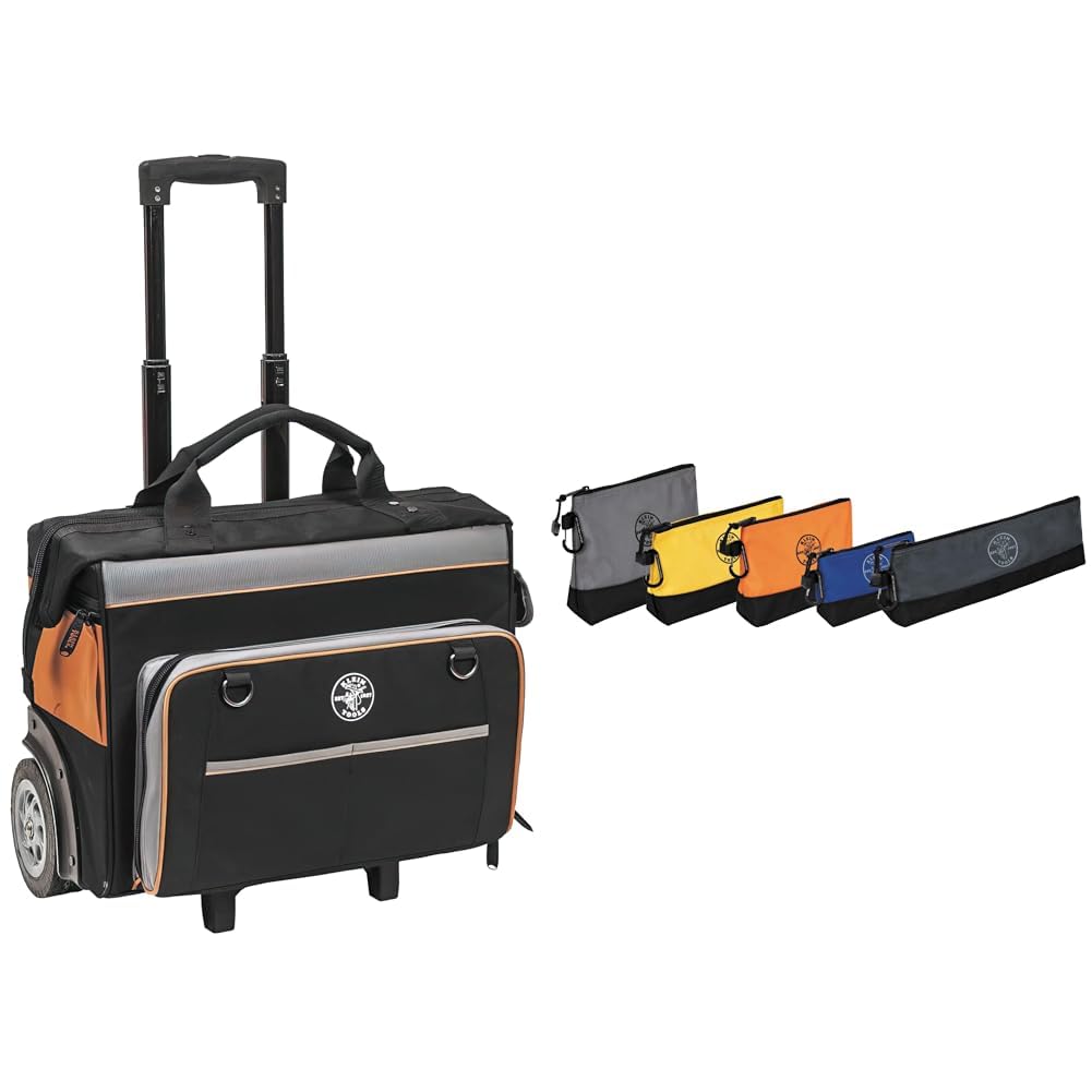 Klein Tools Tool Storage Bundle with 55452RTB 200lb Capacity Rolling Bag 24 Pockets and 55569 5-Pack Stand-Up Zipper