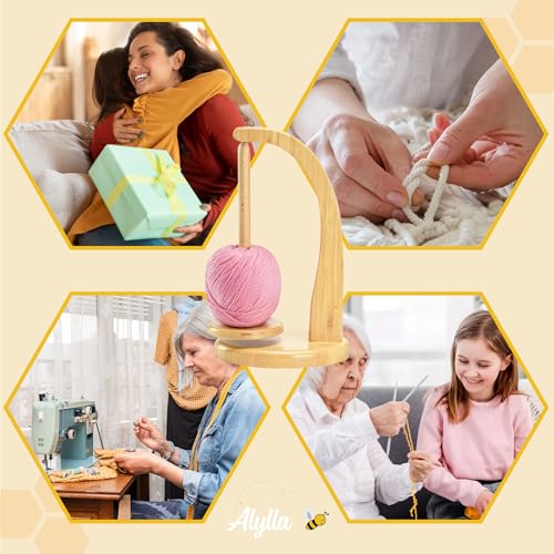 Image of Alylla Wooden Yarn Holder and Spinner, Crochet Organizer for Balls, Skeins and Spindles, Craft Caddy with Storage Bag for Accessories