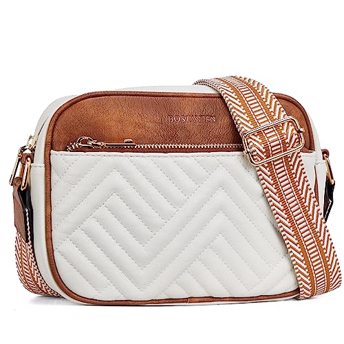 BOSTANTEN Quilted Crossbody Bags for Women Vegan Leather Purses Small Shoulder Handbags with Wide Strap Beige with Brown by BOSTANTEN - Used condition - US$25.89