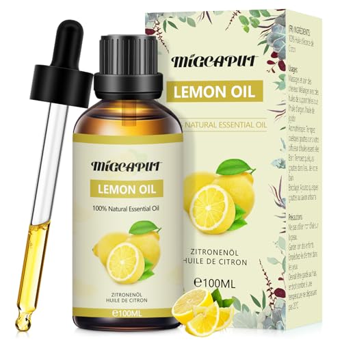 Migcaput Ätherische Zitronenöl 100ml, Kaltgepresst aus Zitrone, 100% Naturrein Lemon Oil für Diffuser, Luftbefeuchter, Aromatherapie, Raumduft, Seifen, Kerzenherstellung