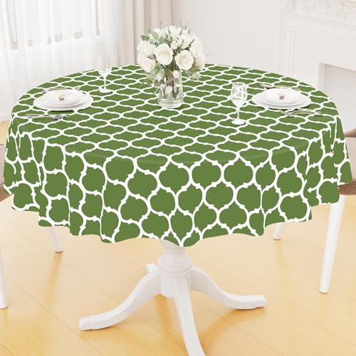 Image of Smiry Round Table Cloth, Flannel Backed Vinyl Tablecloth, 60 inch Round | Waterproof Plastic Tablecloths, Wipeable Table Cover for Dining, Indoor and Outdoor (Green)