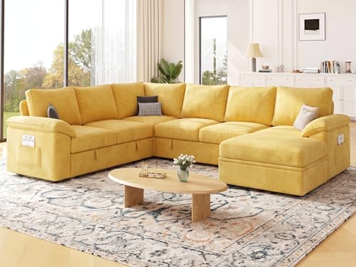 Image of 108 Inch Modular Sectional Sofa with Pull Out Bed,U Shaped 7 Seat Sectional Sleeper Sofa with Storage,Sectional Couches for Living Room,Cloud Modular Couch,Removable Sofa Cover,Yellow