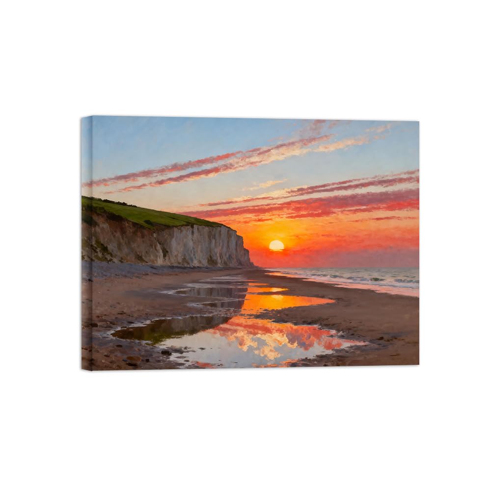 OZPWBVY Strand Sonnenuntergang Landschaftsbilder auf Leinwand-Meer wolken-Küsten Wandbild für Schlafzimmer Fertig zum Aufhängen 70x90cm Gerahmt