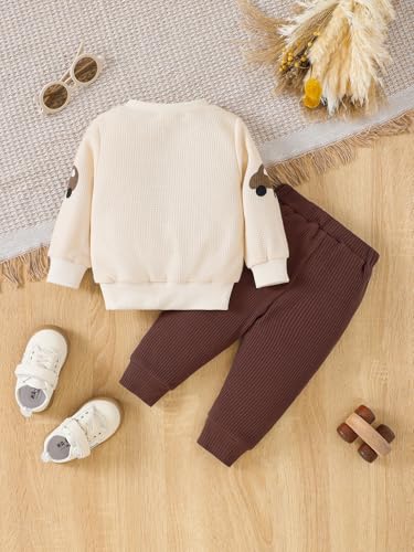 Baby Boy's Knitted Waffle Set Almond Car Print Top with Brown Ribbed Pants 2 Piece Autumn Toddler Set2