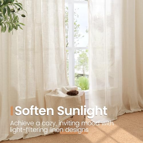Image of BGment Tan Linen Curtains 84 Inch Length 2 Panels Burlap Semi Sheer Drapes | Light Filtering Natural Window Treatments with Rod Pocket for Farmhouse Bedroom Living Room Decor, 52 X 84 Inch