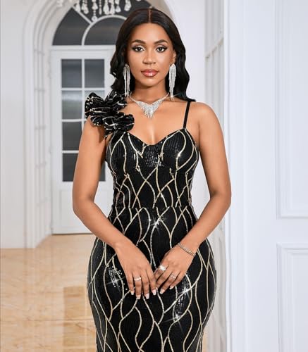 Image of Cololura Women Sexy Elegant Sequin High Split Ruffled Hem Mermaid Party Cocktail Bodycon Formal Evening Gowns Maxi Dress