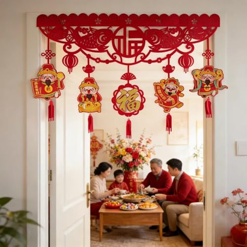KYMY Chinese New Year Door Hanging Decoration, 2026 Lucky Zodiac Horse Banner with Lanterns & Fu Symbols, 33.4 x 22.8 Inch Lunar New Year Wall Decoration for Home Front Door Spring Festival Party