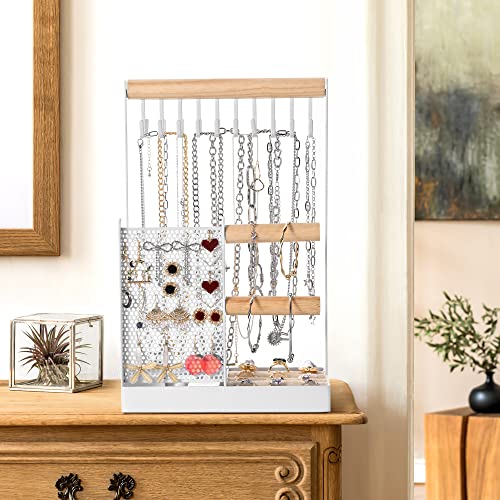 Jewelry Organizer Stand Necklace Holder, 4 In 1 Jewelry Holder With Earring Organizer And Removable Ring Tray, Double-Side 20 Hooks Jewelry Stand For Necklaces Earrings Bracelets Bangles Watches Rings #TOP2