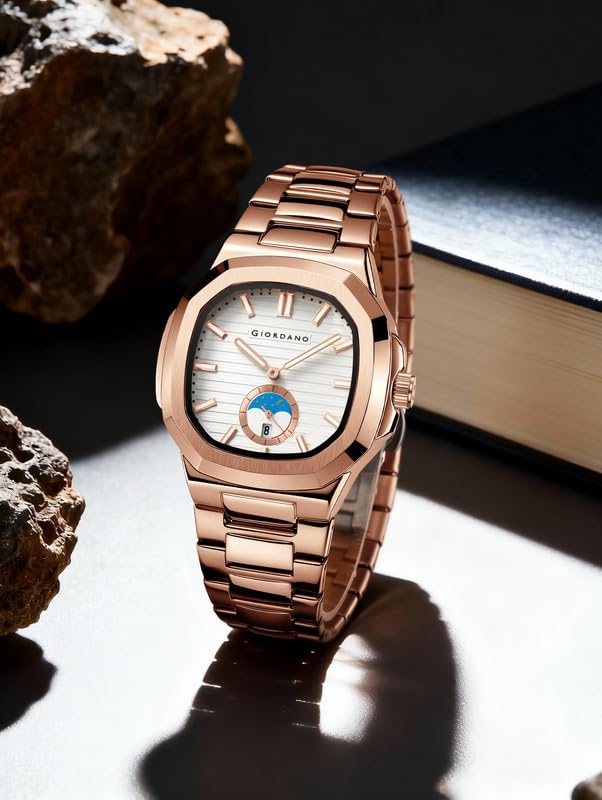 Image of Giordano Analog Watch for Men - Classic Moon Phase Design with Textured Dial, Durable Stainless Steel Strap, and Date Display