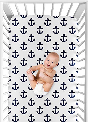 Image of Sweet Jojo Designs Fitted Baby Crib Sheets (Anchors) for Boys or Girls, Infant Nursery, Toddler Room - Standard Size (Nautical Theme, Ocean, Sailboat, Sea, Marine, Sailor, Anchor, Unisex, Neutral)