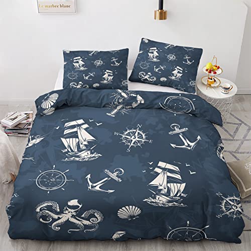 GEDAEUBA Sommer Bettwäsche 200x220 Nautisch - Maritim Bettbezug 200 x 220 3 teilig, Wendebettwäsche und Kissenbezug 80x80, Weiche & Atmungsaktive Mikrofaser Bettwäsche-Sets mit Reißverschluss