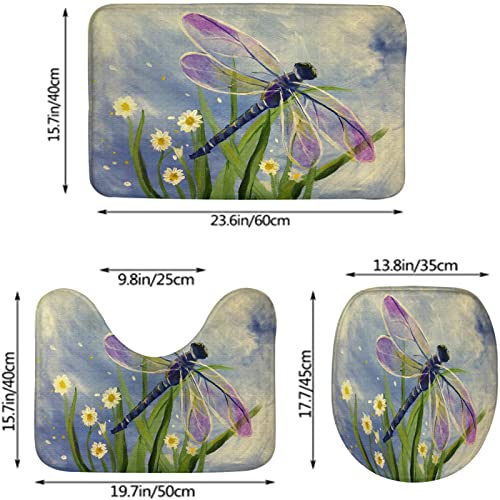 Badezimmerteppich-Set, 3-teilig, Wasserfarben, Libelle, Gänseblümchen, Blumenmuster, waschbare Badteppiche, rutschfest, mit Rückenpolster, Konturteppich und Toilettendeckelbezug – Bild 3