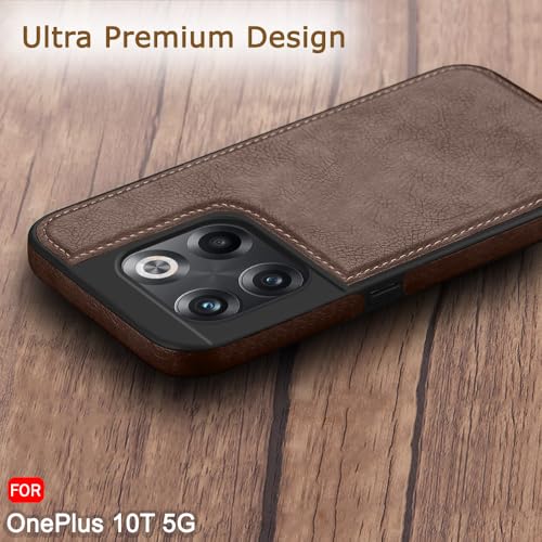 Image of TheGiftKart Genuine Leather Finish Back Cover Case for OnePlus 10T | Shockproof Design | Raised Edges for Camera & Screen Protection | Stunning Minimalist Design Case Cover (Faux Leather & PC, Brown)