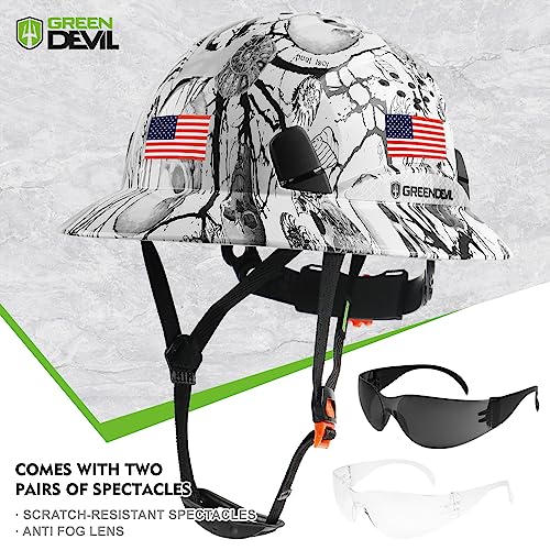 GREEN DEVIL Full Brim Hard Hat Vented Construction Safety Helmet OSHA Approved Cascos De Construccion Work Hardhat for Men&Women 6 Point Adjustable Ratchet Suspension Custom Pattern Design