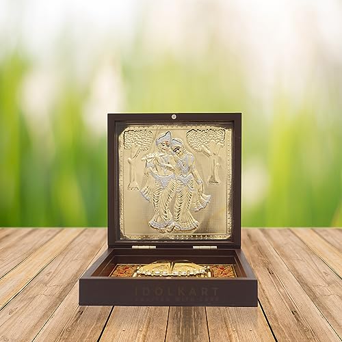Image of Idolkart 24k Gold and 999 Silver Coated Radha Krishna Murti Pocket Temple 4x4 Inch - Radha Krishna Pooja Box for Mandir Decor and Home Decor | Radhe Krishna Idol Puja Box for House Warming Gift