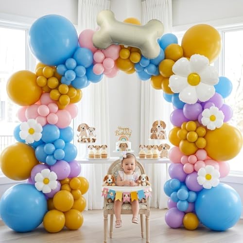 Image of 120Pcs Blue Yellow Balloon Garland Arch Kit with Pastel Purple, Pink, Daisy Flower Bone Foil Balloons, Perfect for Girls' Birthday Decorations, Puppy-Themed Party Supplies, Dog Party