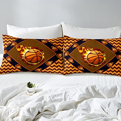 Boys Full Bed Sheets Basketball,Vintage Golden Flame Basketball Sheet Set For Teens Child,Sports Ball Game Bedding Set,Geometry Square Striped Fitted Sheet + Top Sheet + 2 Pillowcases Bedroom Decor #TOP4
