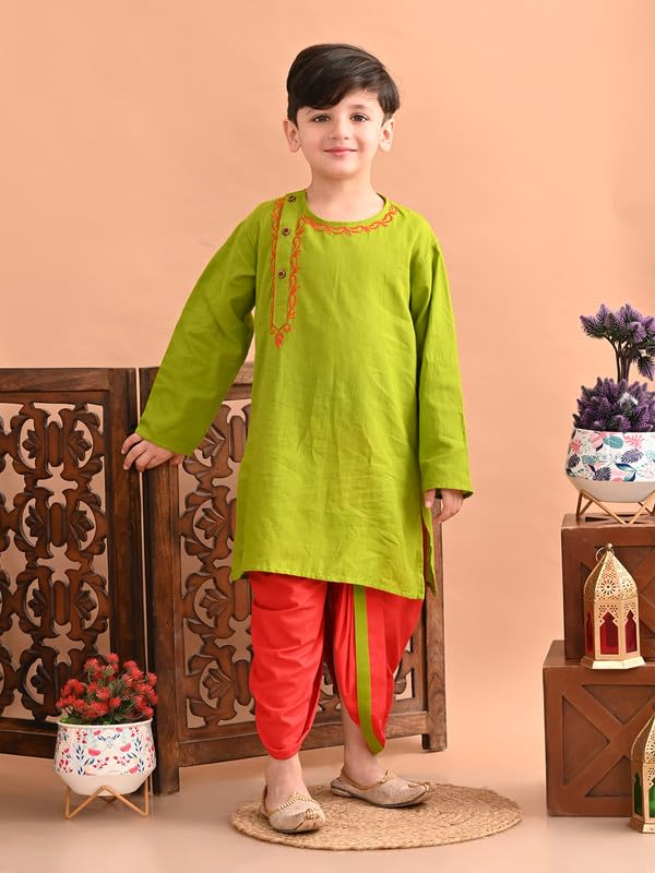 Image of superminis Baby Boy's Handloom Cotton Kurta With Embroidery Around The Neck And Contrast Color Dhoti Clothing Set
