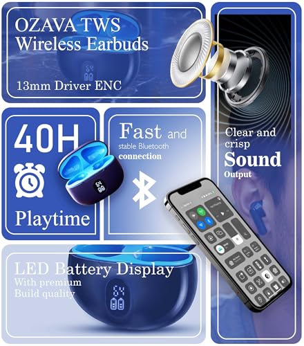 Image of True Wireless Earbuds, 13mm Drivers with Big Bass, and Noise cancelation, Led Display Bluetooth 5.3, 40H Long Playtime, Water-Resistant, 2 Mics for AI Clear Calls