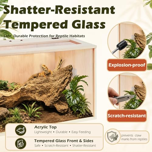 Image of PROLEE Bearded Dragon Tank,Wooden Reptile Tank and Lizard Tank,Tempered Glass Large Bearded Dragon Enclosure with Built-in Lamp Fixture (24X16X16inch,24 Gallons)