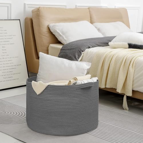 Image of MEGASKET Large Dark Grey Storage Basket, Woven Cotton Rope Baskets for Storage, Big Blanket Organizer Storage Basket for Living Room, Kids Room Toy Storage Organizer Box, Blanket Keeper (22 inchx14 inch)