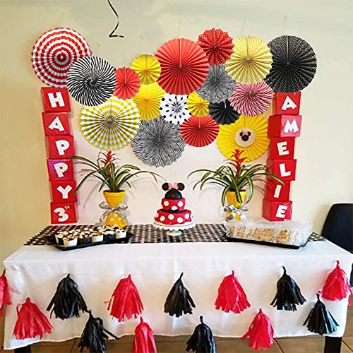 Image of 6 pcs Black Hanging Paper Fans for Party Decoration Colorful Patterns Party Fans for Birthday Anniversary Bridal Shower Baby Shower Christmas Diwali & Wedding Decor (Pack of 6, Black)