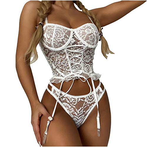 Women Lingerie Set Lace Teddy Bodysuit with Garter Belt Mini Babydoll Chemise No Stockings White