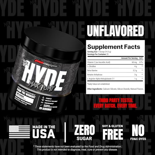 Image of ProSupps Mr. Hyde Max Pump Pre Workout Powder - Stim-Free Preworkout Supports Blood Flow, Muscle Volume & Endurance - Caffeine-Free Nitric Oxide Gym & Fitness Supplements (Unflavored, 20 Servings)