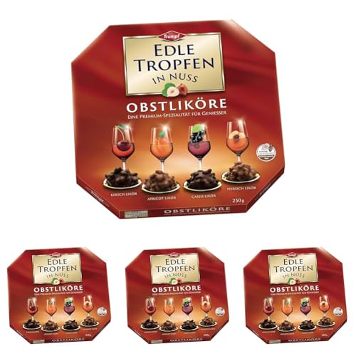 Edle Tropfen in Nuss Obstliköre 250g, flüssig gefüllte Schokoladenpralinen mit Milchschokoladen-Überzug und knackigen Haselnuss-Splittern (Packung mit 4)