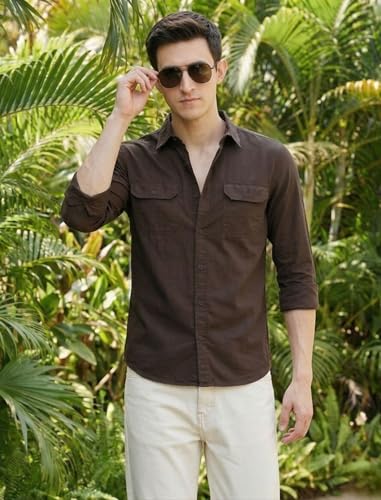 Image of IndoPrimo Men's Cotton Shirt with Stylish Flap Pockets Full Sleeves Spread Collared Neck Solid Pattern Western Style Classic Fit and Standard Length