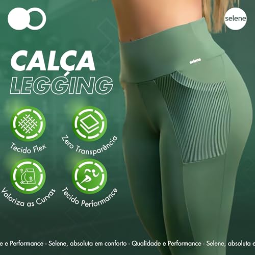 SELENE Legging Com Bolso Academia Fitness Zero Transparência Feminina, Verde, M