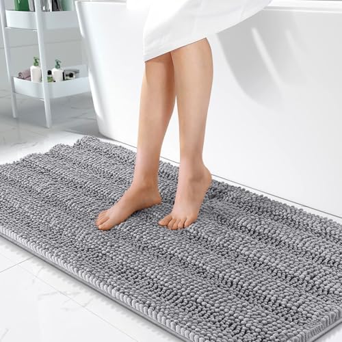 Image of OLANLY Thick Bathroom Runner Rugs 47x24, Extra Absorbent Chenille Striped Bath Rugs, Rubber Backing, Machine Wash Dry, Long Bath Mats for Bathroom Floor, Tub and Shower, Home Decor Accessories, Grey