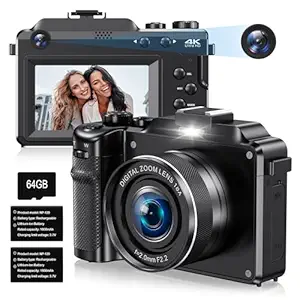 4K Digital Camera for Photography,Dual Lens 48MP Autofocus Anti-Shake Vlogging Camera for YouTube,18X Digital Zoom Compact Travel WiFi Points and Shoot Cameras with 64GB TF Card & 2 Batteries