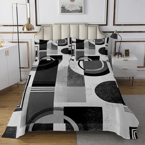 Manfei Geometric Striped Circle Kids Bedspread King Size,Abstract Aesthetic Simple Art Coverlet Set,Boys Girls Room Decor,Graffiti Retro Squares Quilted Coverlet,Grey Bedding Quilt,2 Pillowcases