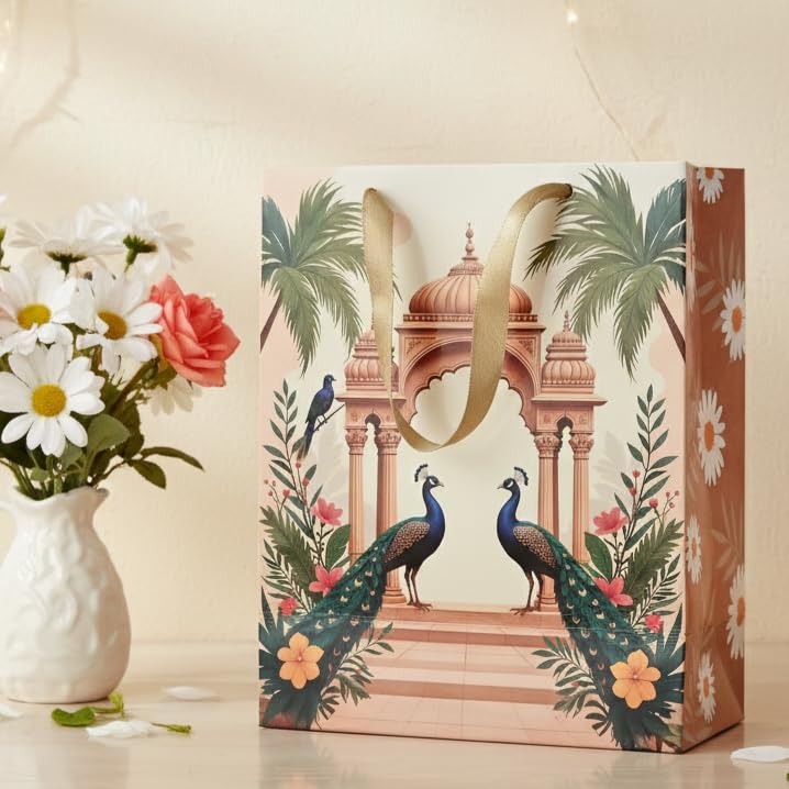 FONSIE paper bags || Luxury small gift bags (10 * 8 * 4 inches) gift bags for gifting in wedding, Diwali, baby shower, birthday, return gifts, goodies-Pack Of 50 (Peacock Brown).